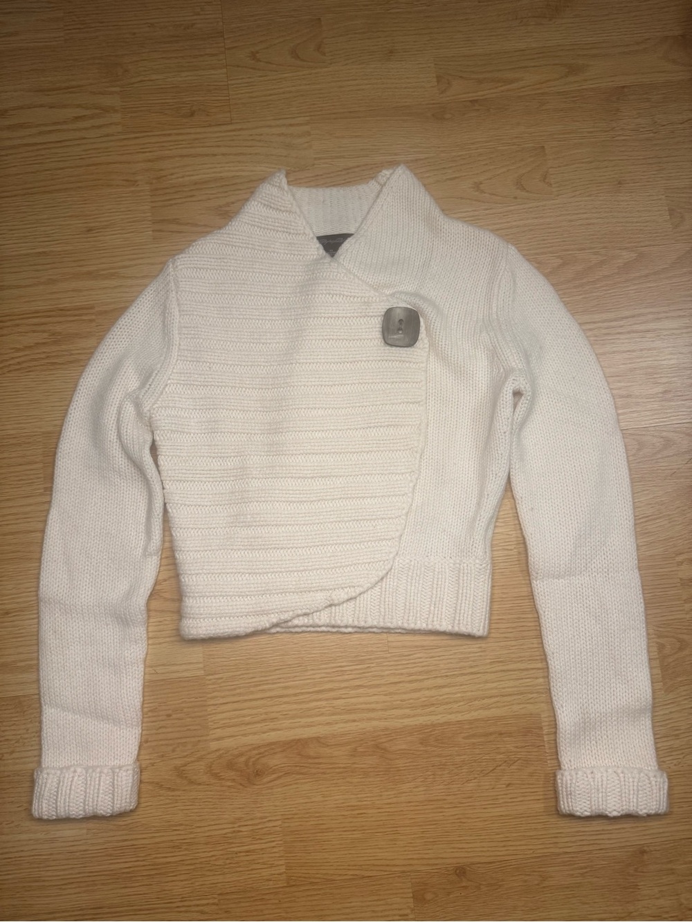 Asymmetric Cropped Cream Knit Shawl-Collar Cardigan Sweater